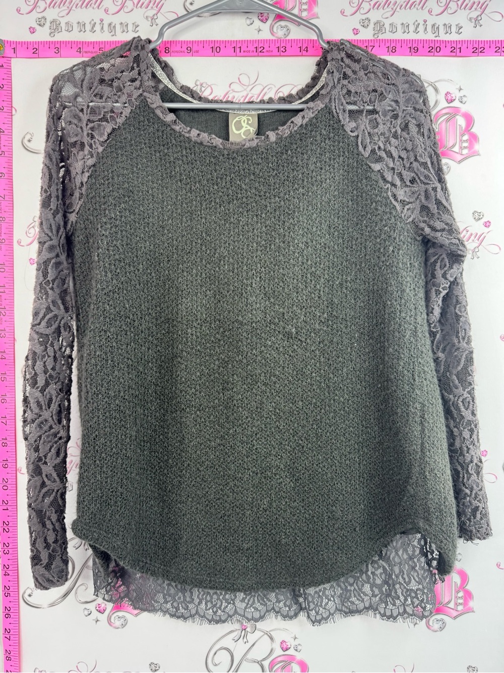 One September shirt knit ruffle back unique Lace-Sleeve Knit Pullover Top - Gray